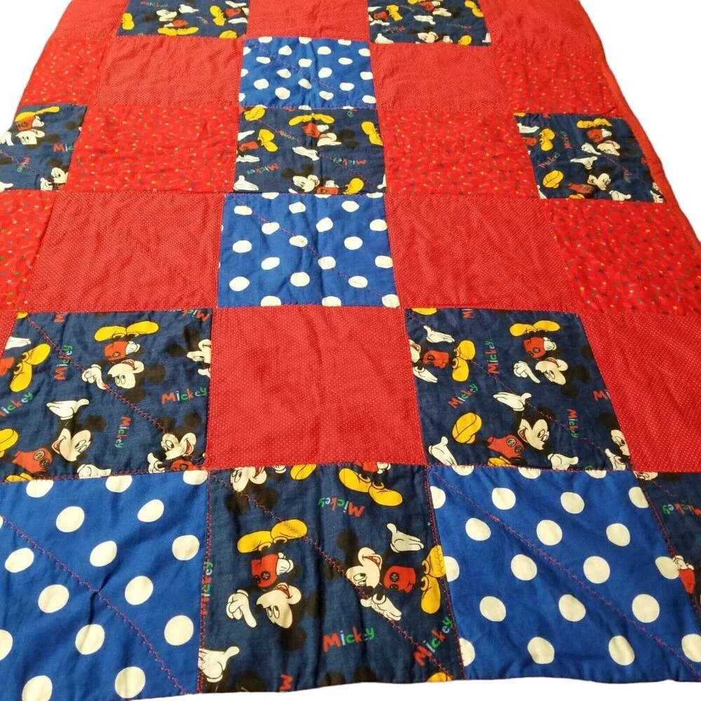 vtg‎ handmade mickey mouse quilt blanket throw crib 36x51